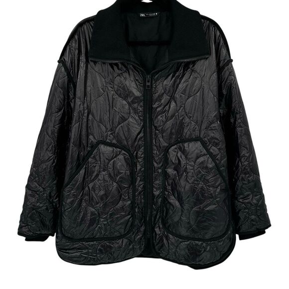 Zara Black Quilted Padded Full Zip Collared Oversized Puffer Jacket Size Small - Picture 1 of 7
